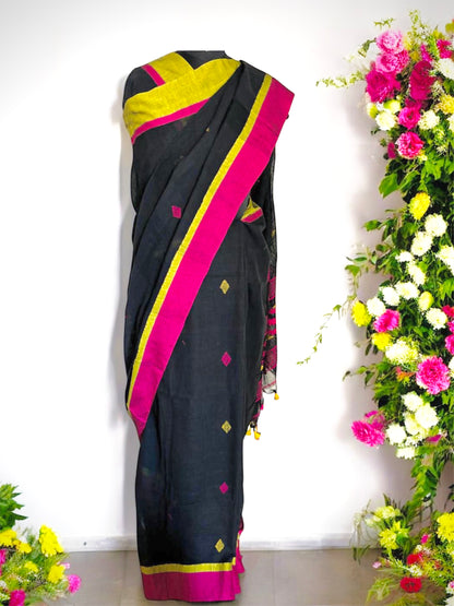 Linen Cotton Handloom Saree- Black