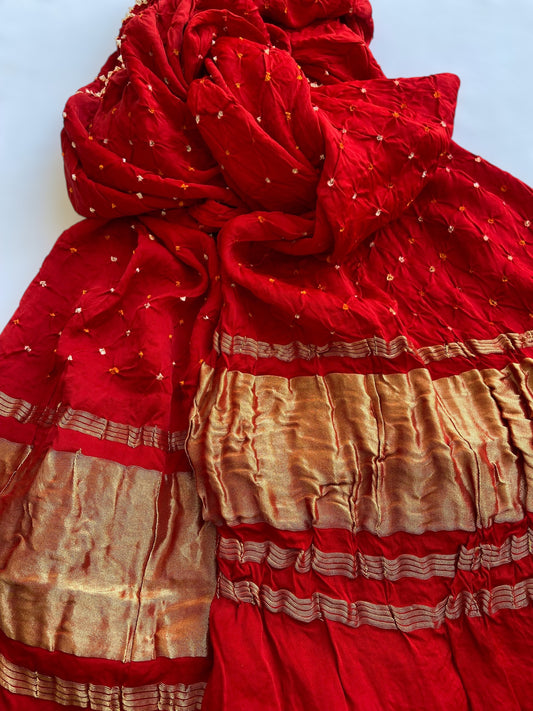 Red- Pure Modal Silk Hand Bandhej Dupatta with Lagdi Patta