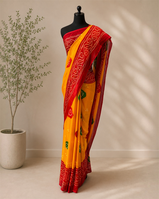 Rajputi Chiffon Bandhani Saree- Yellow