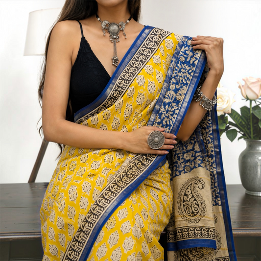 Pure Chanderi Silk Handblock Print Saree- Yellow blue