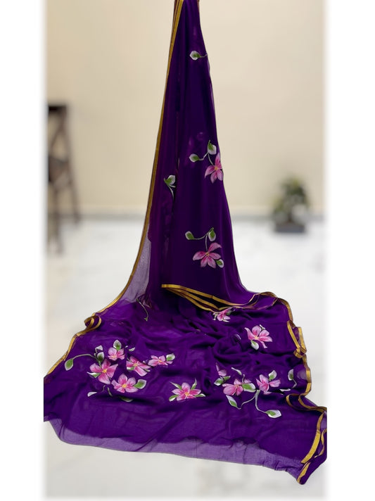 Pure Double Diamond Chiffon Hand-painted Saree- Purple
