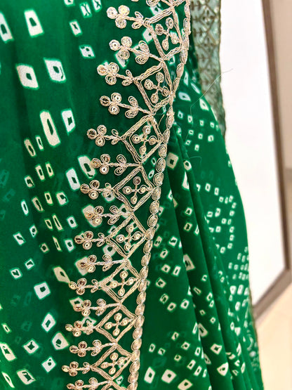 Green Pure Georgette Pittan Handwork Bandhani Saree