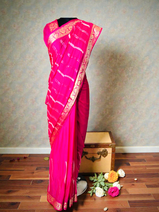 Pink Sequins Hand Embroidered Pure Chinon Saree