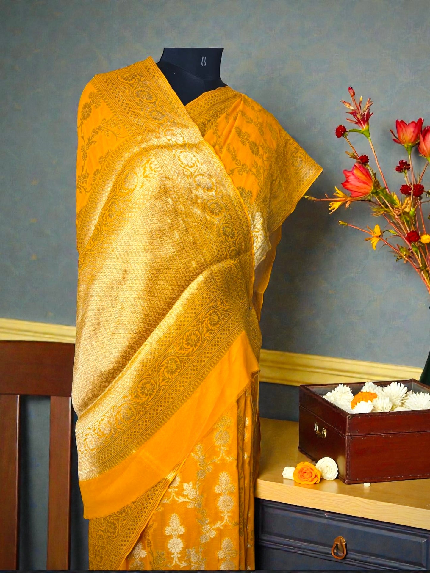 Yellow Pure Chiffon Banarasi with Floral Jaal work Saree