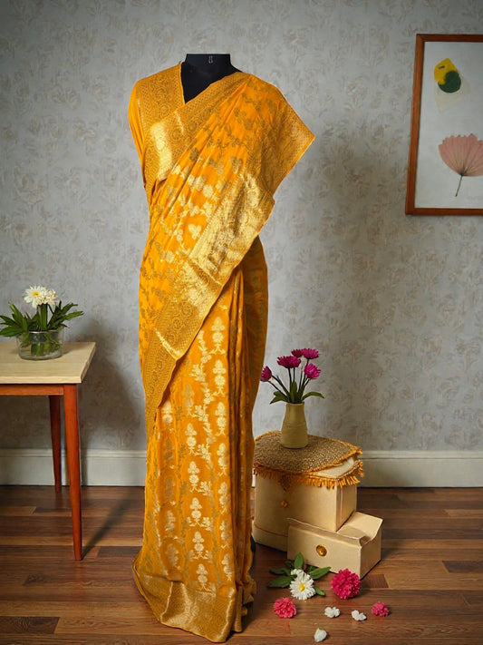 Haldi Yellow Pure Chiffon Banarasi with Floral Jaal work Saree