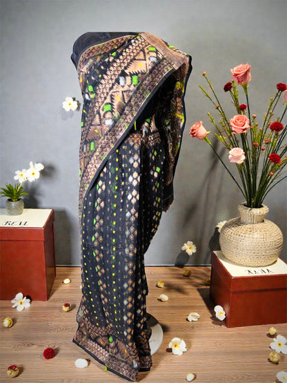 Resham Jamdani Handwoven Saree- Cooper Black