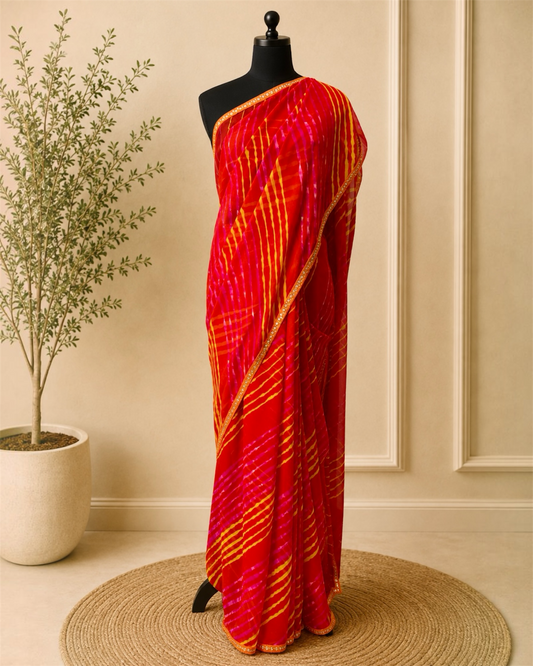 Red Chiffon Leheriya Saree