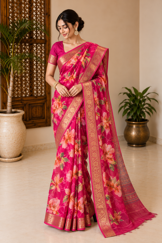 Rani Pink Designer Floral Chiffon Banarasi Border Saree