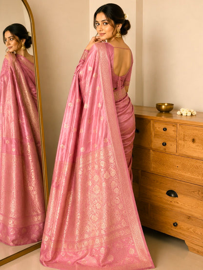 Peach Pink Pure Handloom Kadhwa Butta Mashru Katan Banarasi Saree- Silk Mark Certified