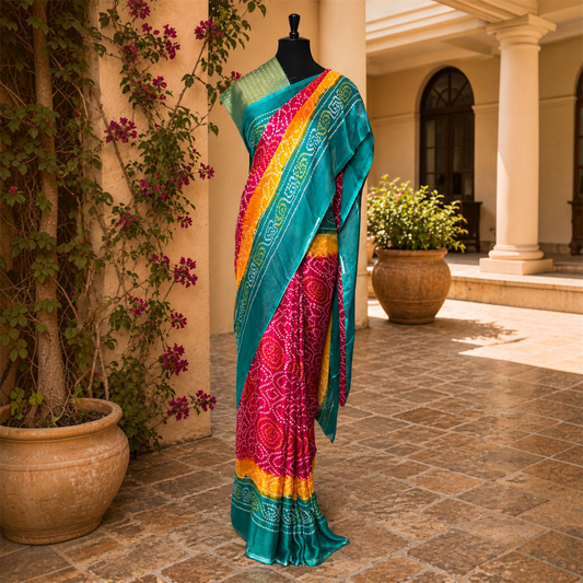 Rajputi Chiffon Bandhani Saree- Green Red