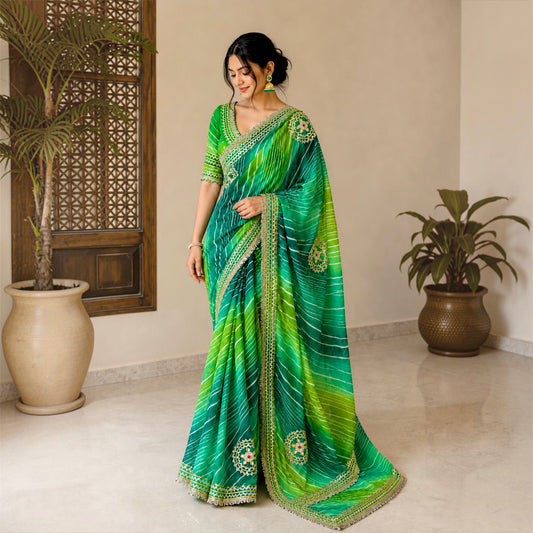 Green Rajputi Chiffon Leheriya Gotta Patti Saree