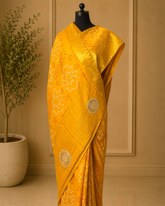 Yellow Bandhani Pure Dola Silk Cutdana Handwork Saree