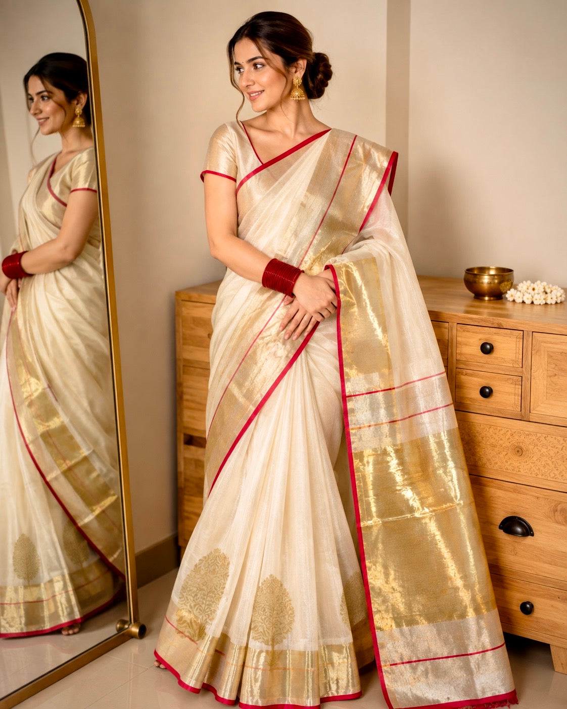Ivory Gold Pure Handloom Chanderi Silk Saree with floral tree motif