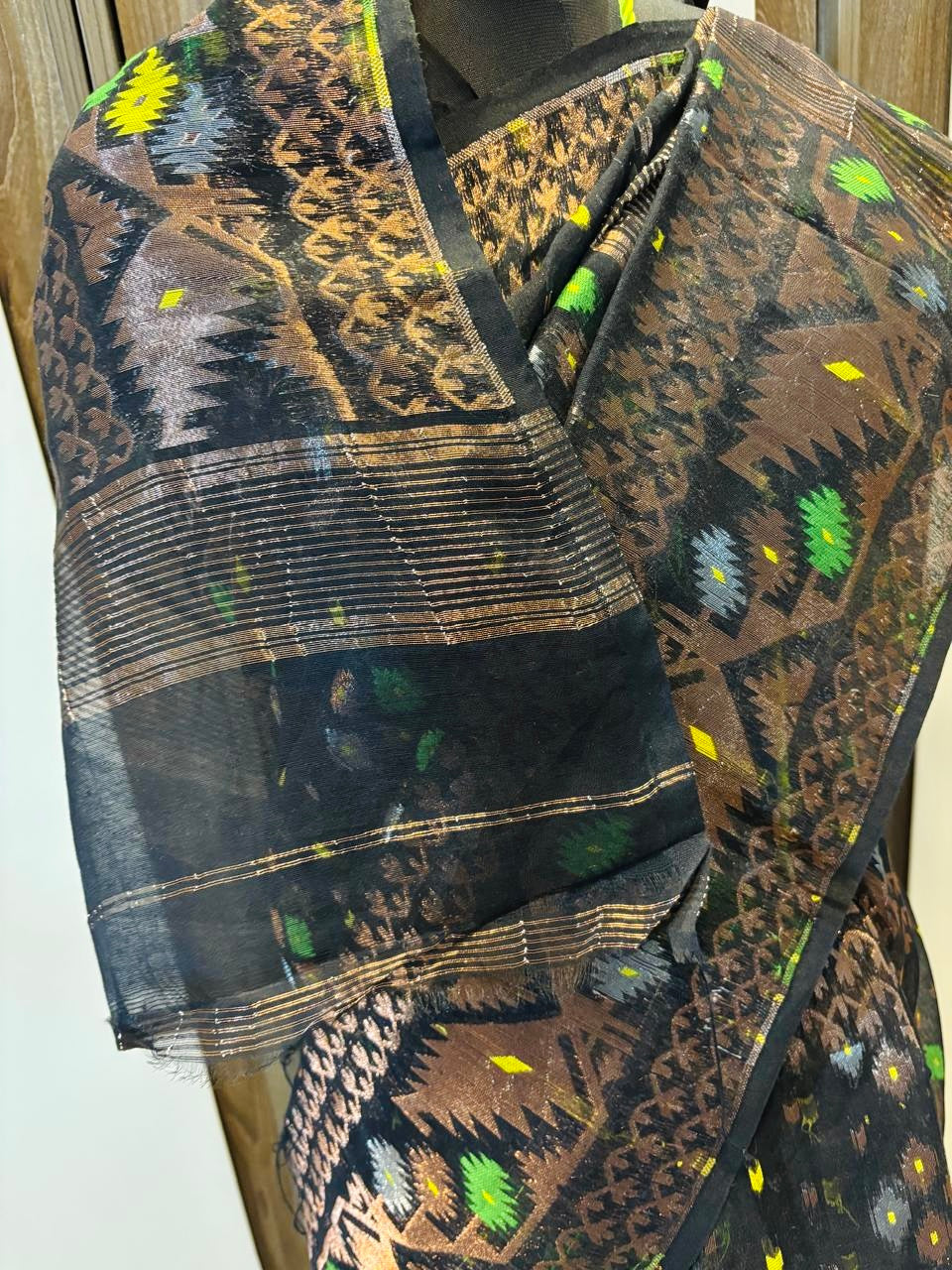 Resham Jamdani Handwoven Saree- Cooper Black