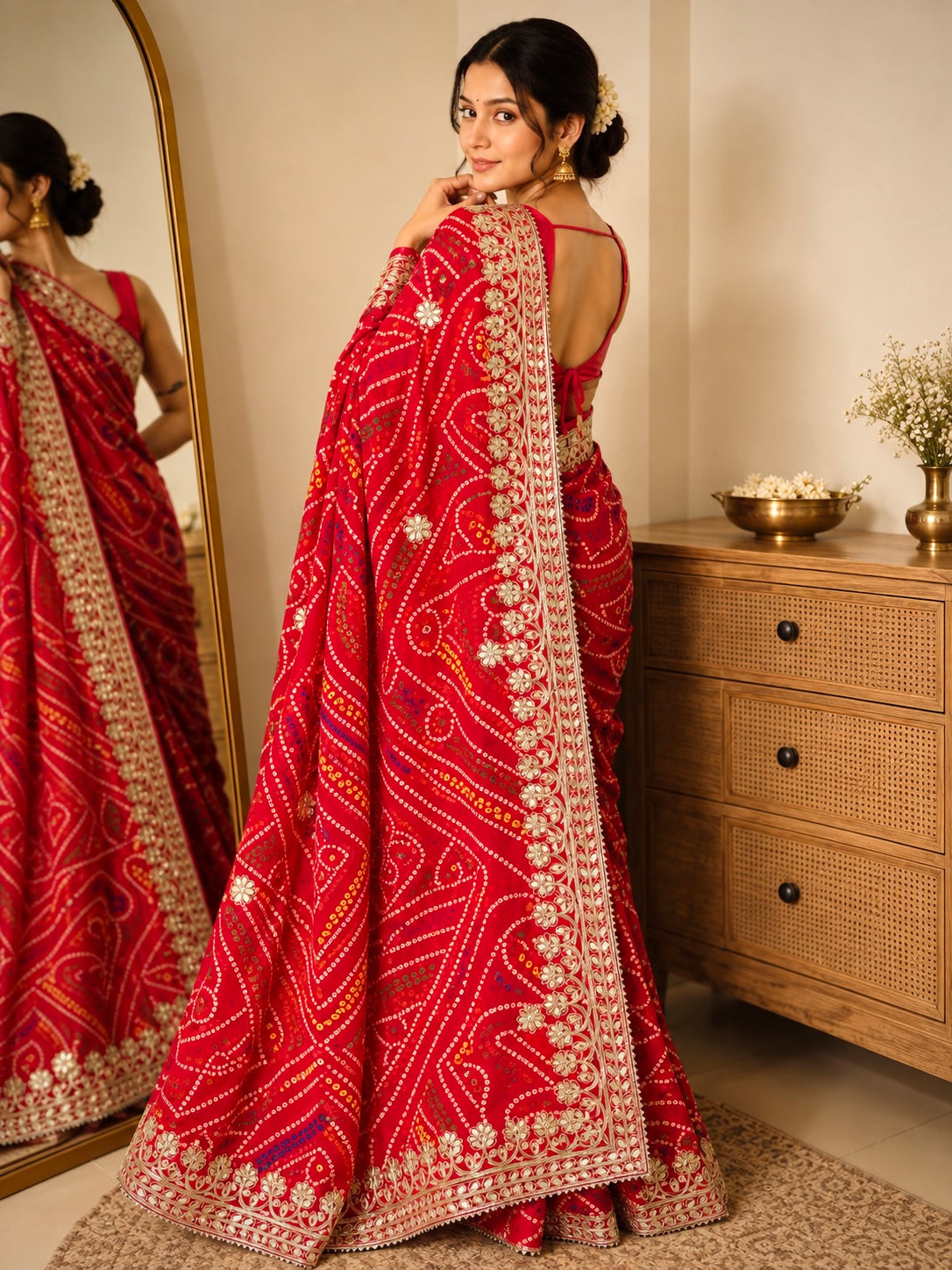 Red Bandhani Heavy Gotta Patti Georgette Handwork Saree