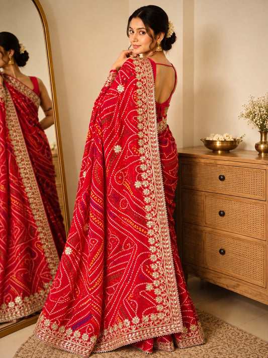 Red Bandhani Heavy Gotta Patti Georgette Handwork Saree