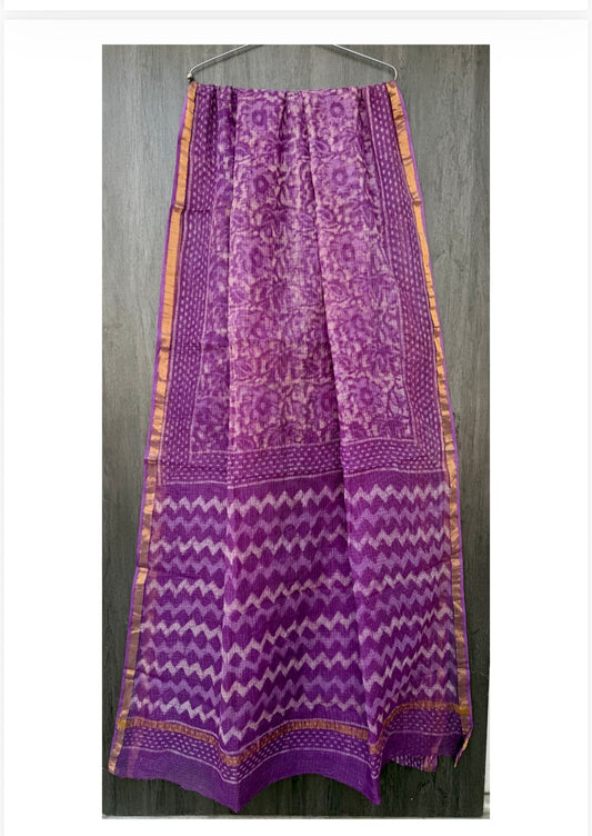 Kota Doria Pure Handloom Hand-block Print Saree- Purple