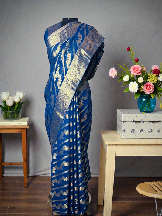 Blue Pure Chiffon Banarasi Jaal work Saree