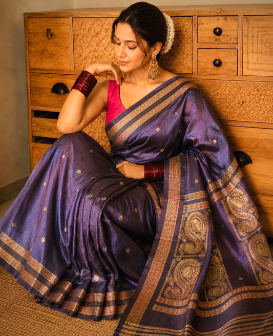 Narayan Peth Paithani Semi- Silk Saree- Charcoal Grey