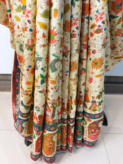 Cream Kashmiri Jamawar Kani Hand Woven Silk Saree