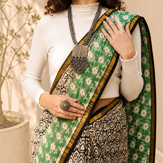 Pure Chanderi Silk Handblock Print Saree- Green