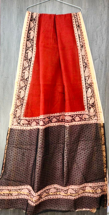 Rust Hand-block Printed Pure Kota Doria Saree