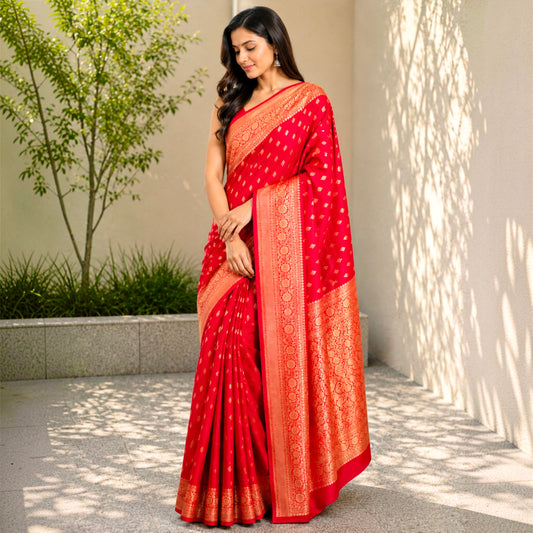 Pure Handloom Khaddi Georgette Kadwa Butta Banarasi Saree- Red