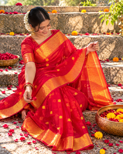 Bengal Tant Cotton Handloom Saree- Red