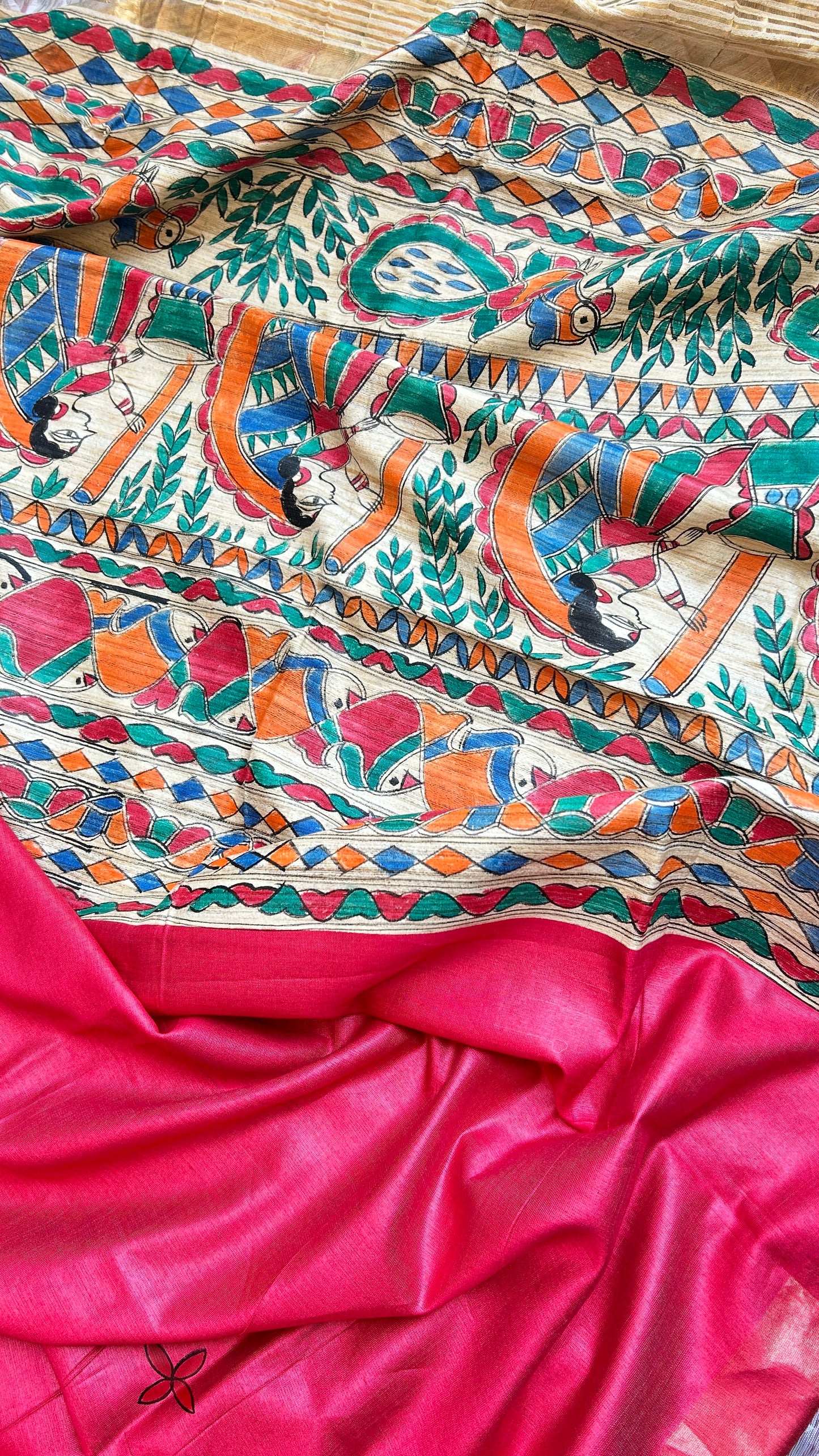 Rani Pink Pure Bapta Silk with Ghicha Madhubani work Saree