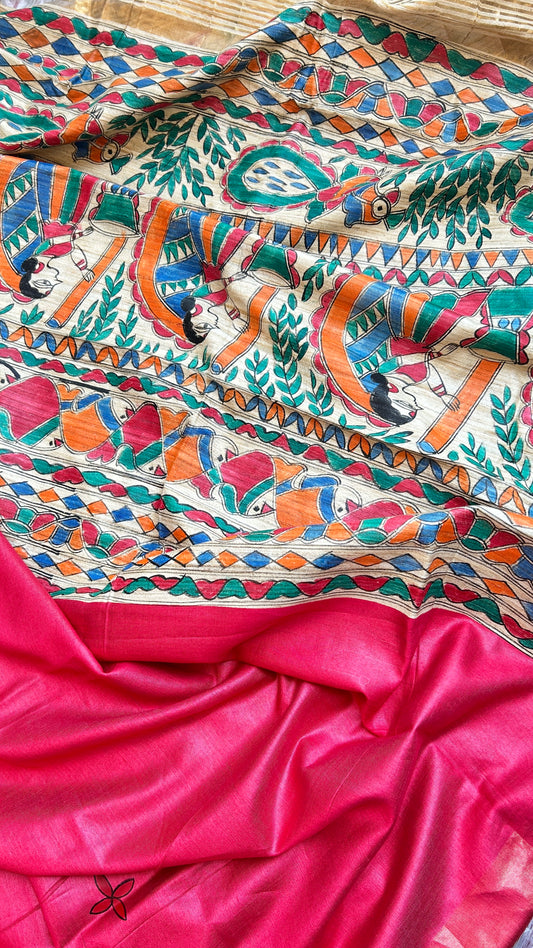 Rani Pink Pure Bapta Silk with Ghicha Madhubani work Saree