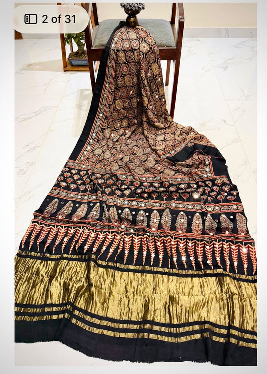 Pure Modal Silk Handblock Ajrakh Mirror Work Saree- Black Lotus