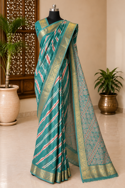 Teal Green Designer Pure Chiffon Banarasi Border Lehariya Saree