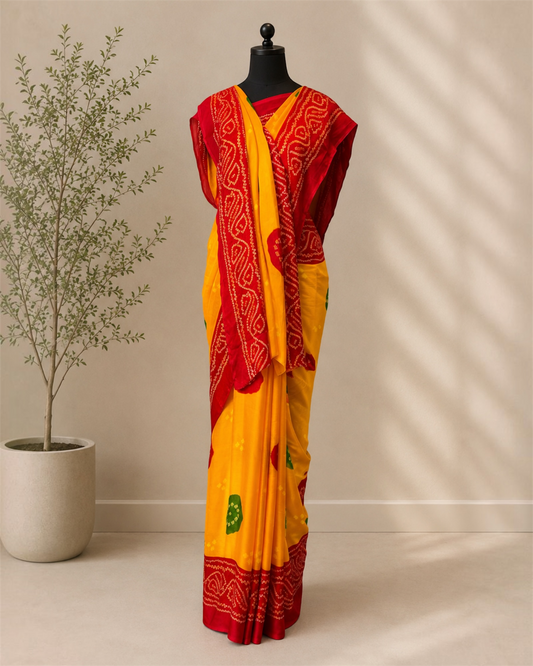 Rajputi Chiffon Bandhani Saree- Yellow