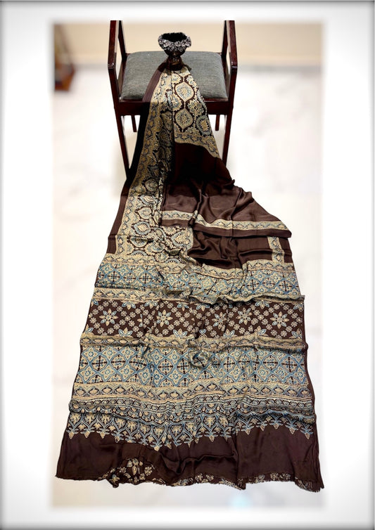 Pure Modal Silk Ajrakh Handblock print Saree- Brown