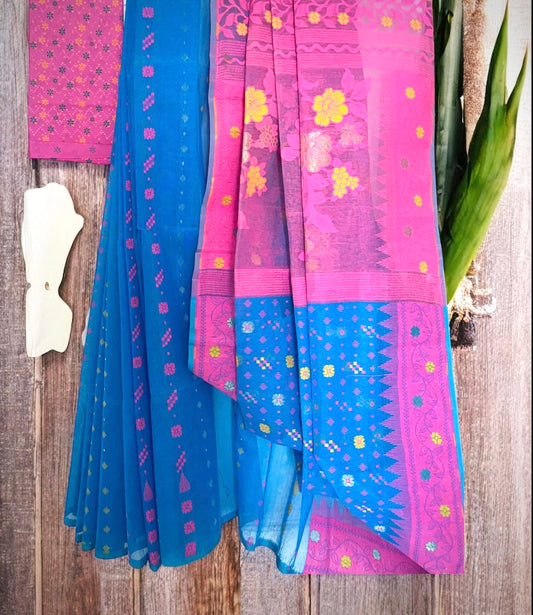Blue Pure Handloom Dhakai Tant Cotton Saree