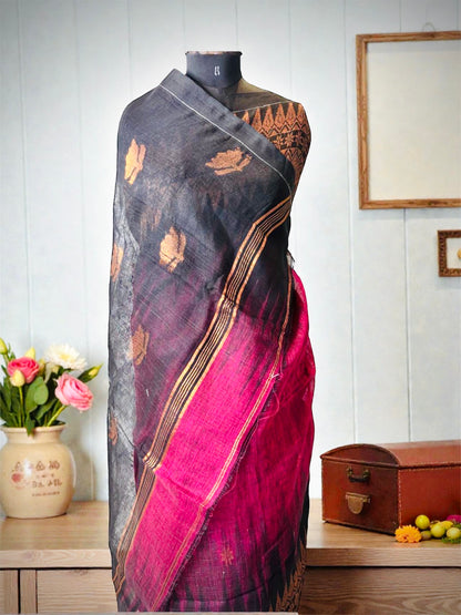 Pink Black Pure Handloom Linen Cotton Saree