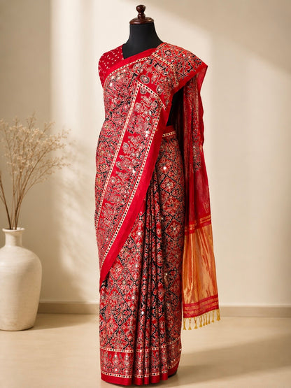 Red Pure Modal Handblock Ajrakh Mirror Work Saree