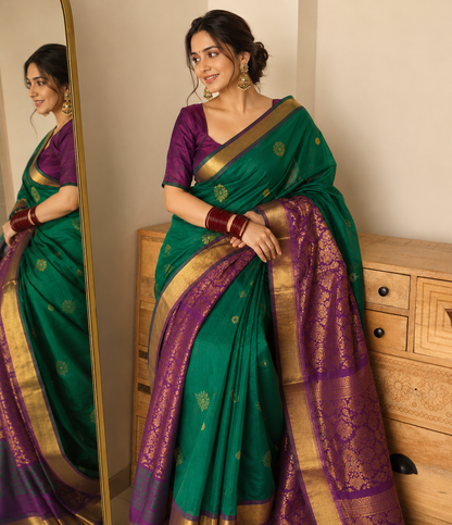 Bottle Green Pure Handloom Kancheepuram Silk Saree
