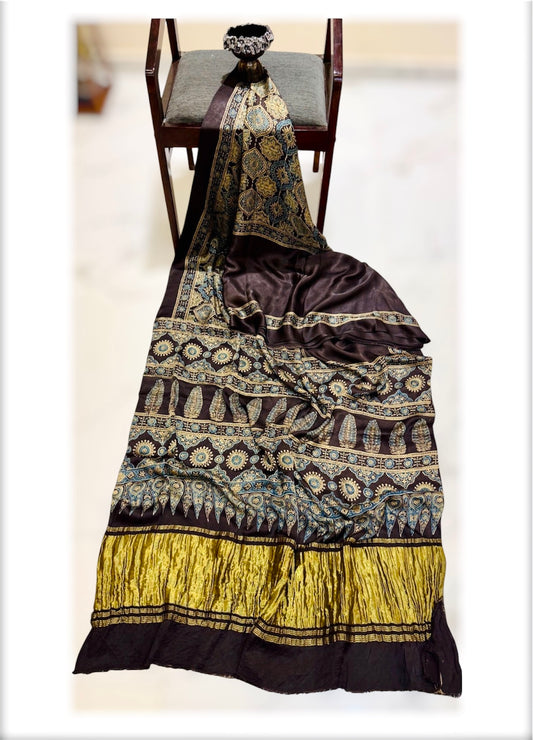 Pure Ajrakh Modal Gajji Handblock Print Saree