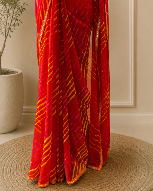 Red Chiffon Leheriya Saree