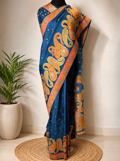 Peacock Blue Pure Pashmina Kani Silk Saree
