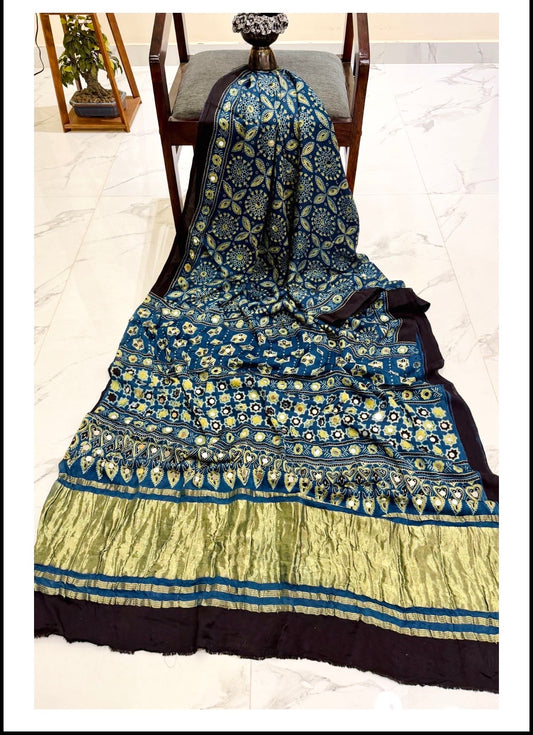 Pure Modal Silk Handblock Ajrakh Mirror Work Saree- Blue Lotus