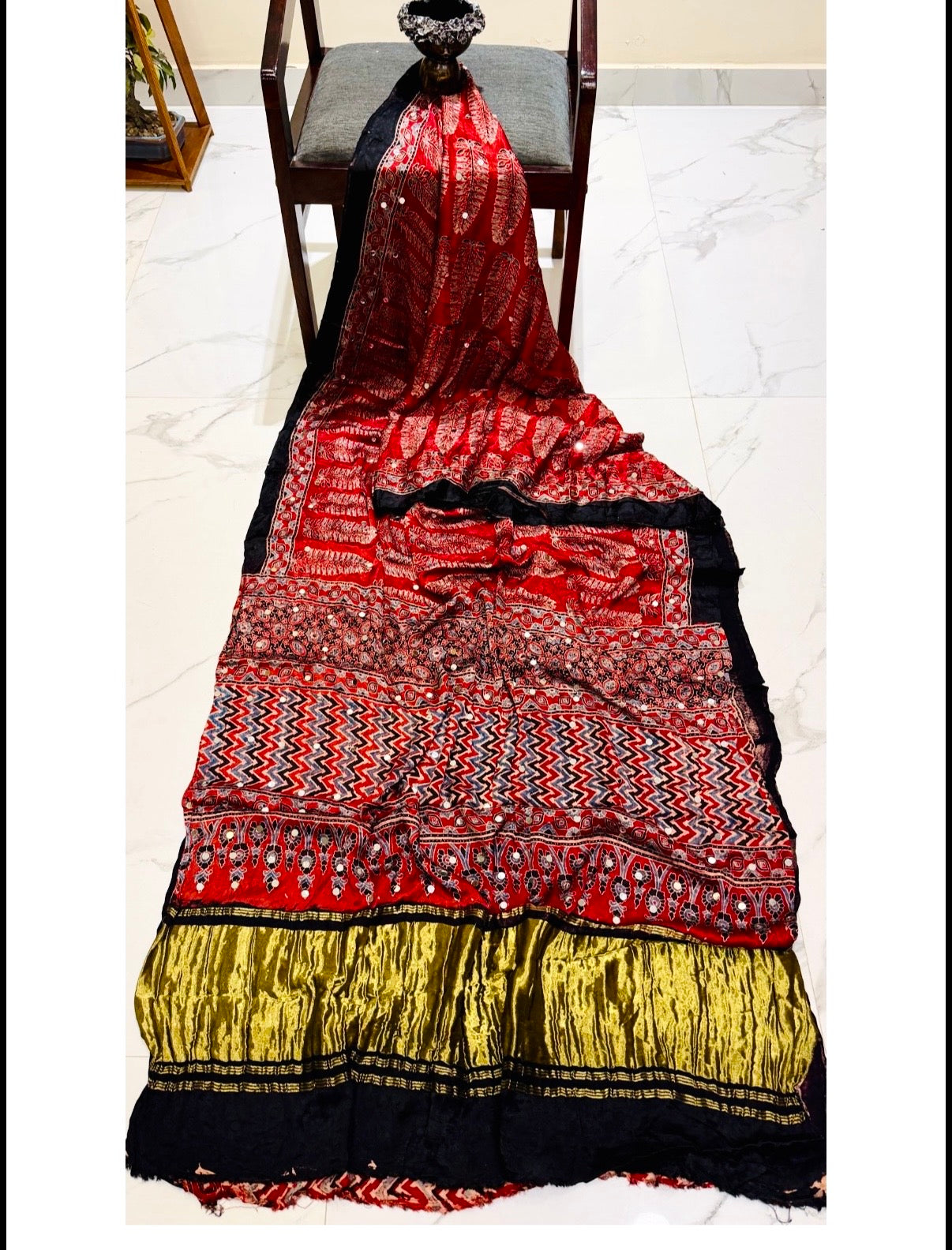 Pure Modal Handblock Ajrakh Mirror Work Saree- Red