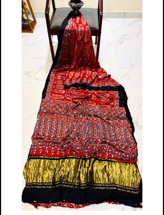 Pure Modal Handblock Ajrakh Mirror Work Saree- Red