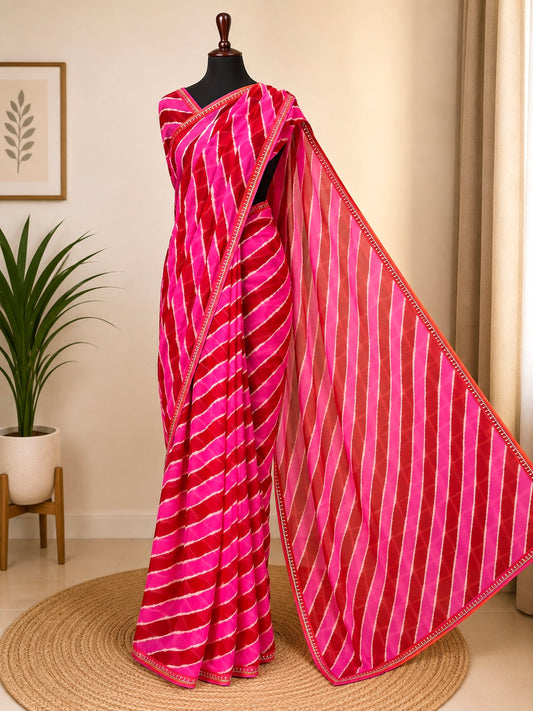 Rani Pink Designer Chiffon Leheriya Saree