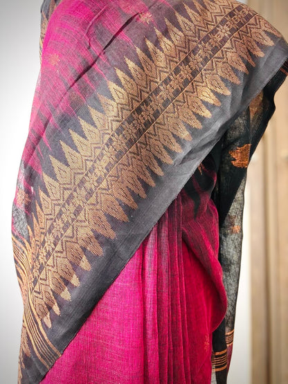 Pink Black Pure Handloom Linen Cotton Saree