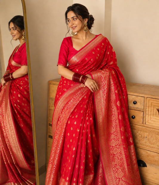 Red Pure Handloom Khaddi Georgette Kadwa Butta Banarasi Saree