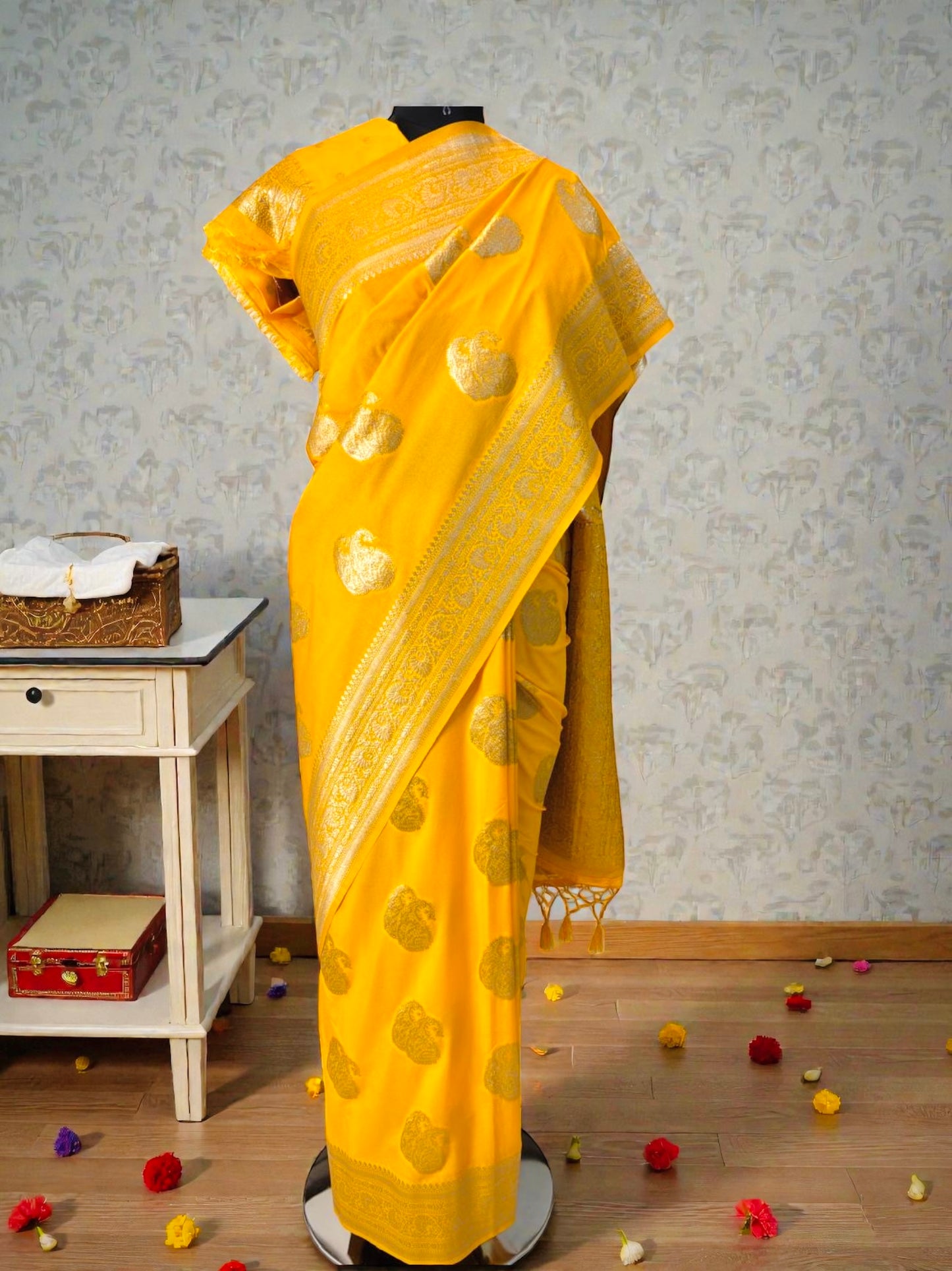Yellow Khaddi Georgette Buta Banarasi Saree
