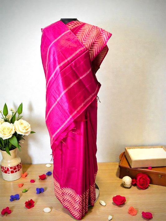 Fuchsia Pink Bhagalpuri Handwoven Tussar Silk Saree