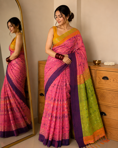 Bengal Jamadani Pure Cotton Handloom Saree- Pink